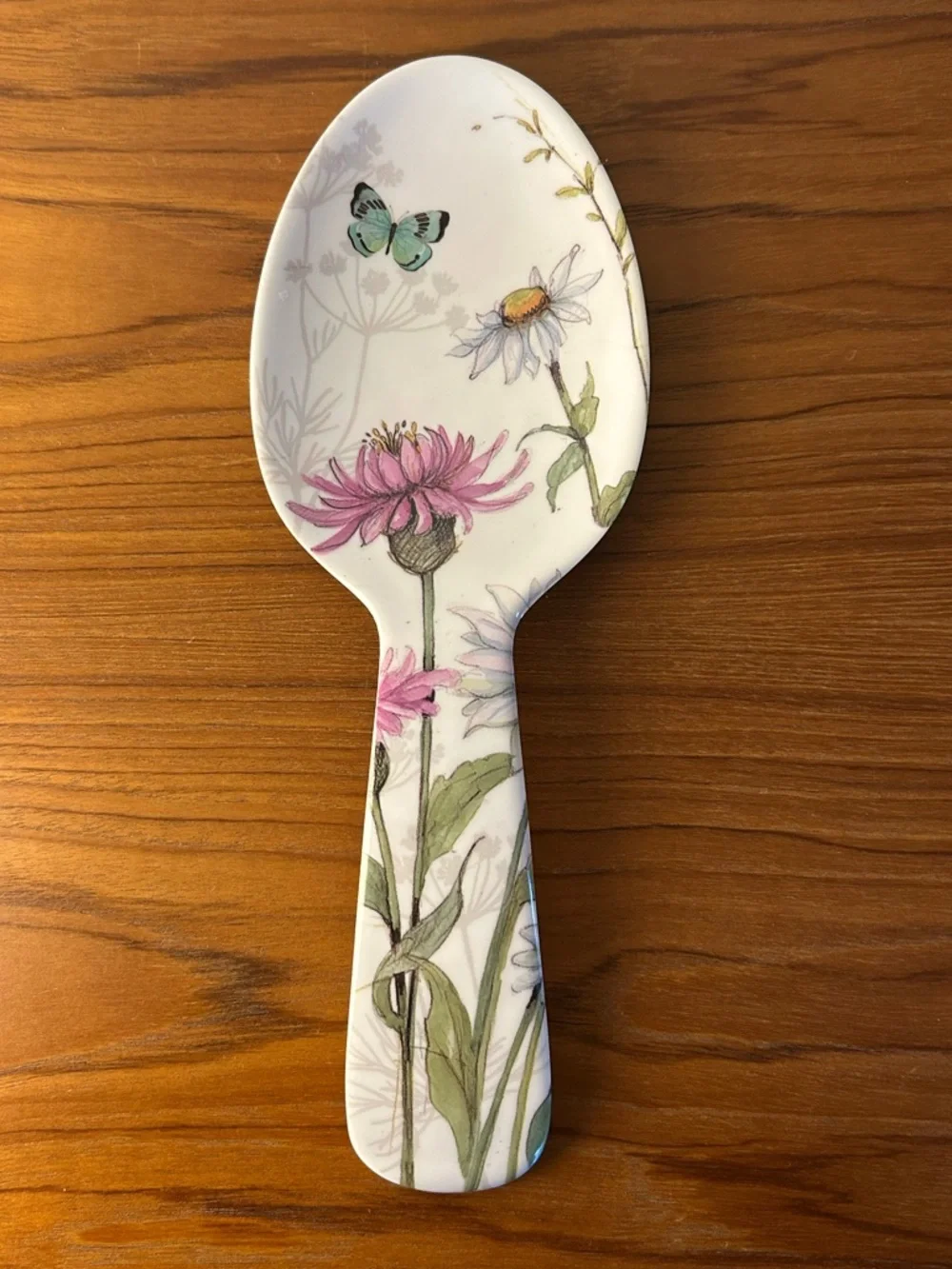 Melamine White Floral Serving Spoon and Fork Set with Multicolor Botanical Print